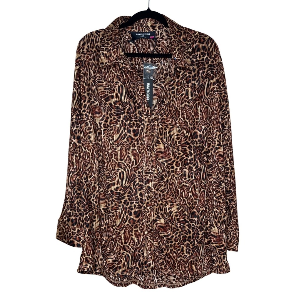 Inner Circle Women's 3X Leopard Animal Print Pleated Button Up Blouse NEW CHIC
